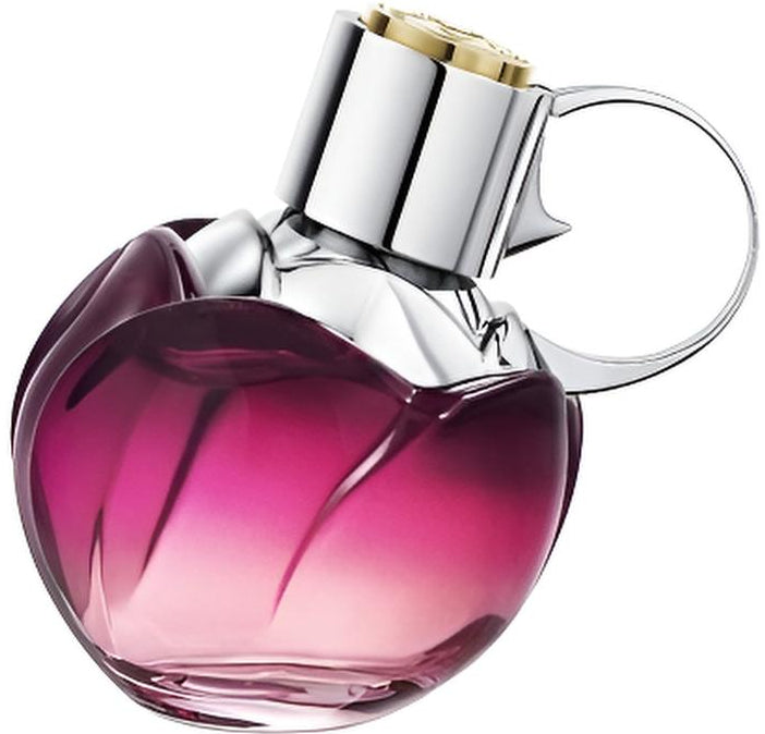 Decant de perfume Azzaro WANTED GIRL BY NIGHT con frasco elegante y logotipo en la etiqueta, vista lateral en fondo neutro.
