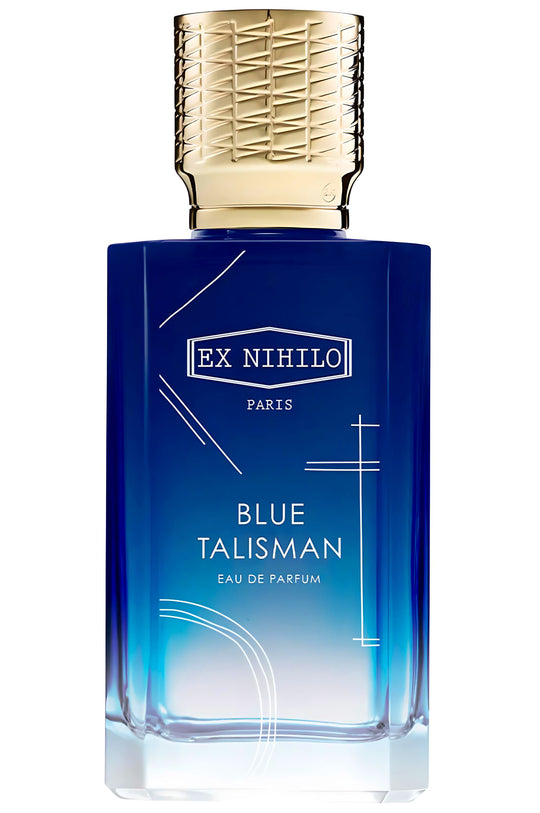 Decant de la marca Ex Nihilo con talismán azul, diseño elegante y moderno para perfumes y fragancias.