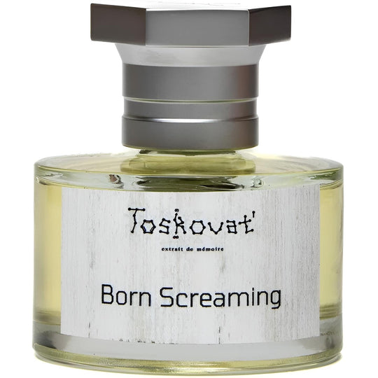 Decant de la marca TOSKOVAT' con diseño artístico inspirado en la obra Born Screaming, color vibrante y detalles en vidrio.