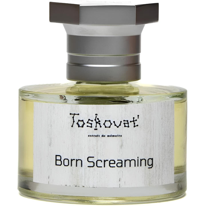 Decant de la marca TOSKOVAT' con diseño artístico inspirado en la obra Born Screaming, color vibrante y detalles en vidrio.