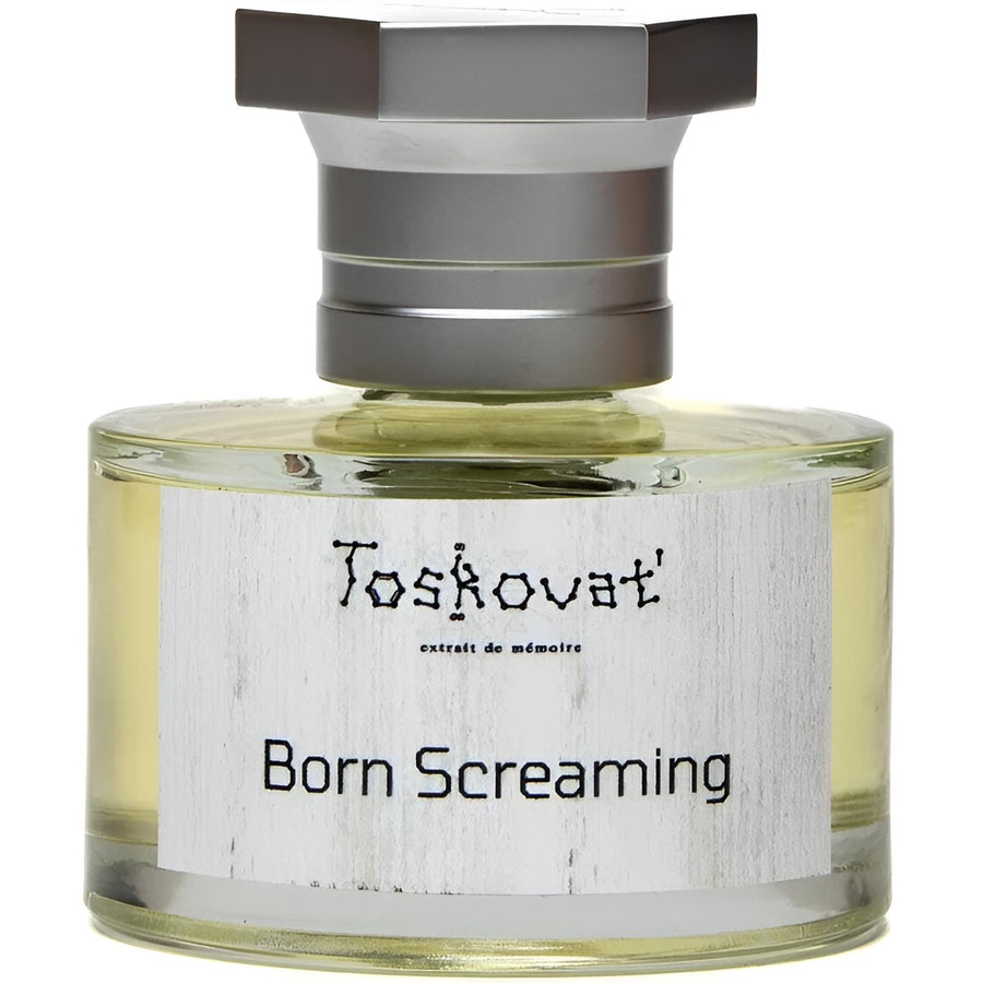 Decant de la marca TOSKOVAT' con diseño artístico inspirado en la obra Born Screaming, color vibrante y detalles en vidrio.