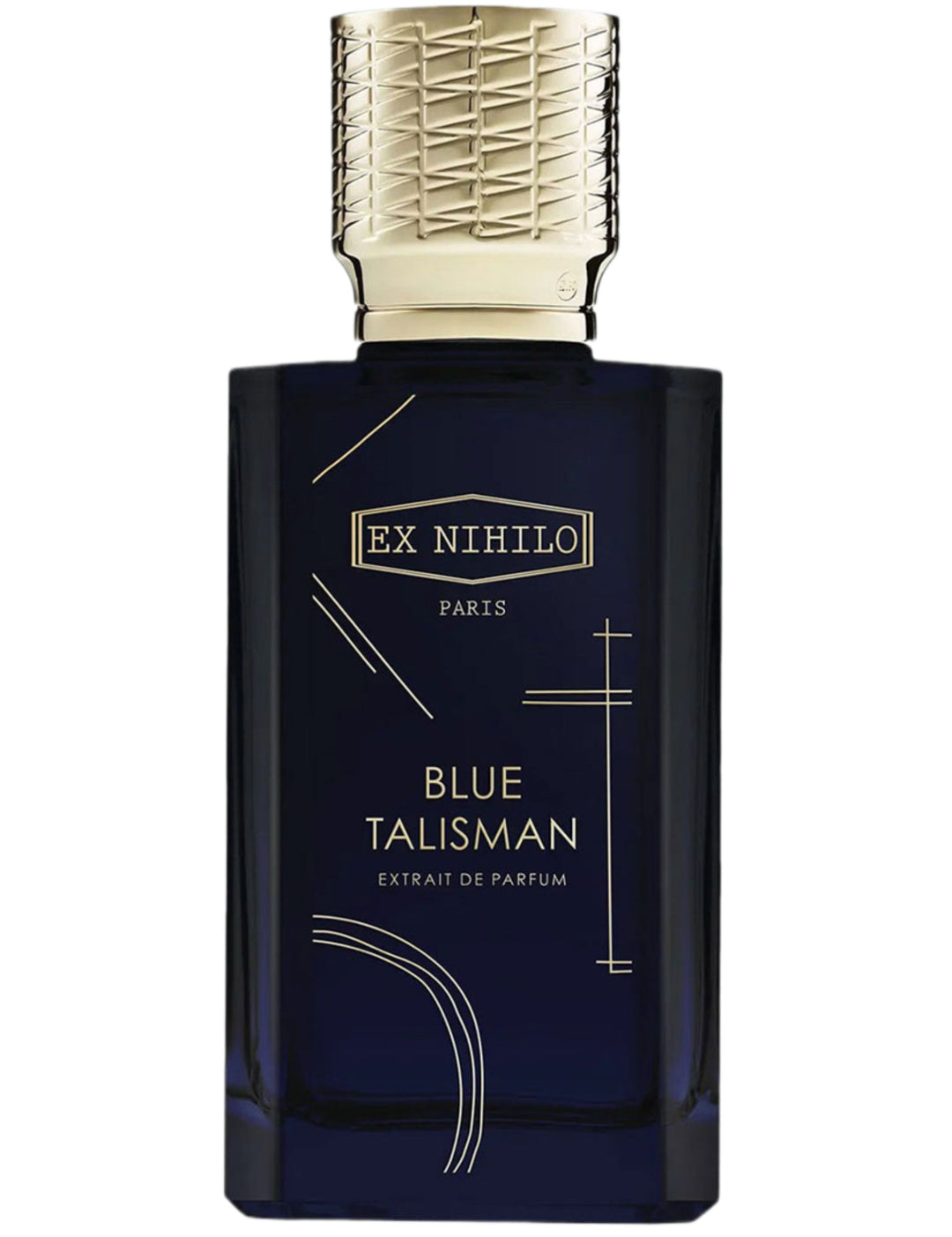 Decant de EX NIHILO con talismán azul, frasco de perfume elegante y moderno para almacenamiento de fragancias.