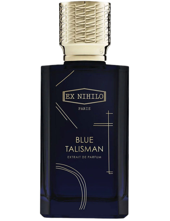 Decant de EX NIHILO con talismán azul, frasco de perfume elegante y moderno para almacenamiento de fragancias.