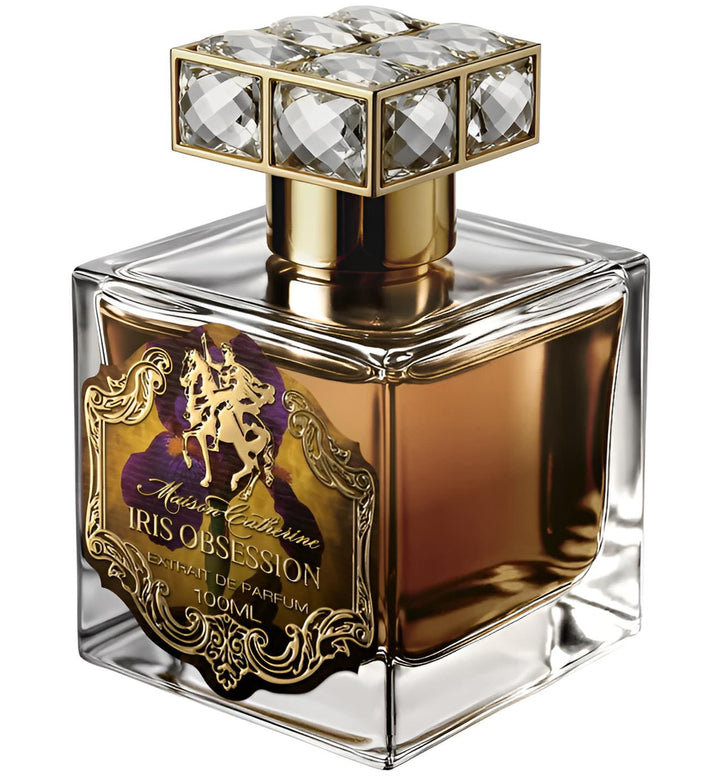 Decant de la fragancia IRIS OBSESSION de MAISON CATHERINE con frasco elegante y diseño sofisticado sobre fondo neutro.