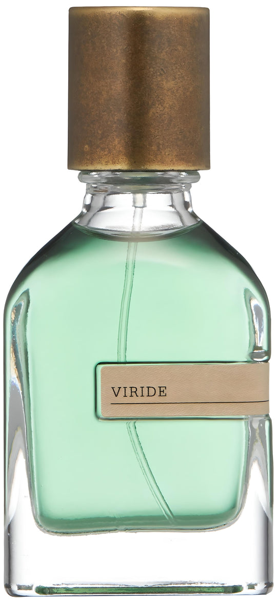 Decant de ORTO PARISI VIRIDE con diseño elegante y etiqueta en tonos verdes y blancos sobre fondo neutro.