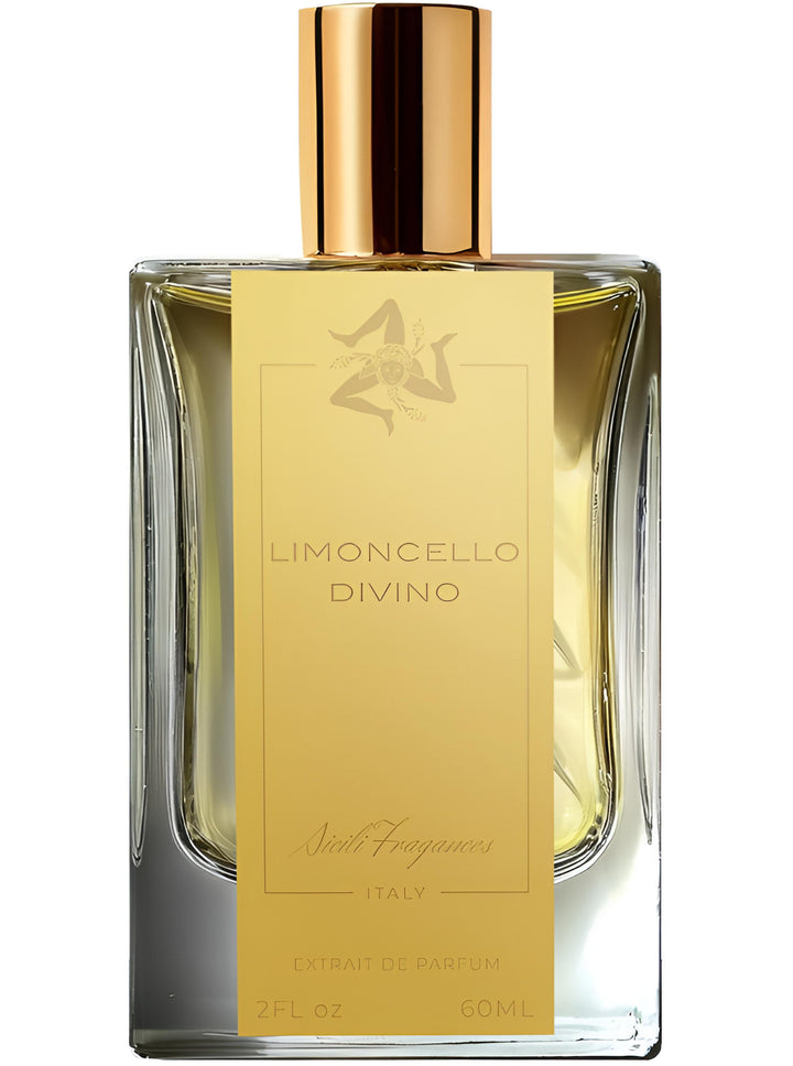 Decant de limoncello Divino de Sicili Fragrances en botella elegante con etiqueta amarilla y detalles decorativos.