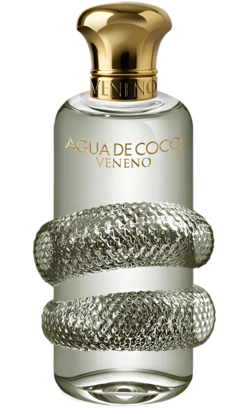 Agua de coco Veneno Parfums en frasco decant, líquido transparente con etiqueta en la imagen.