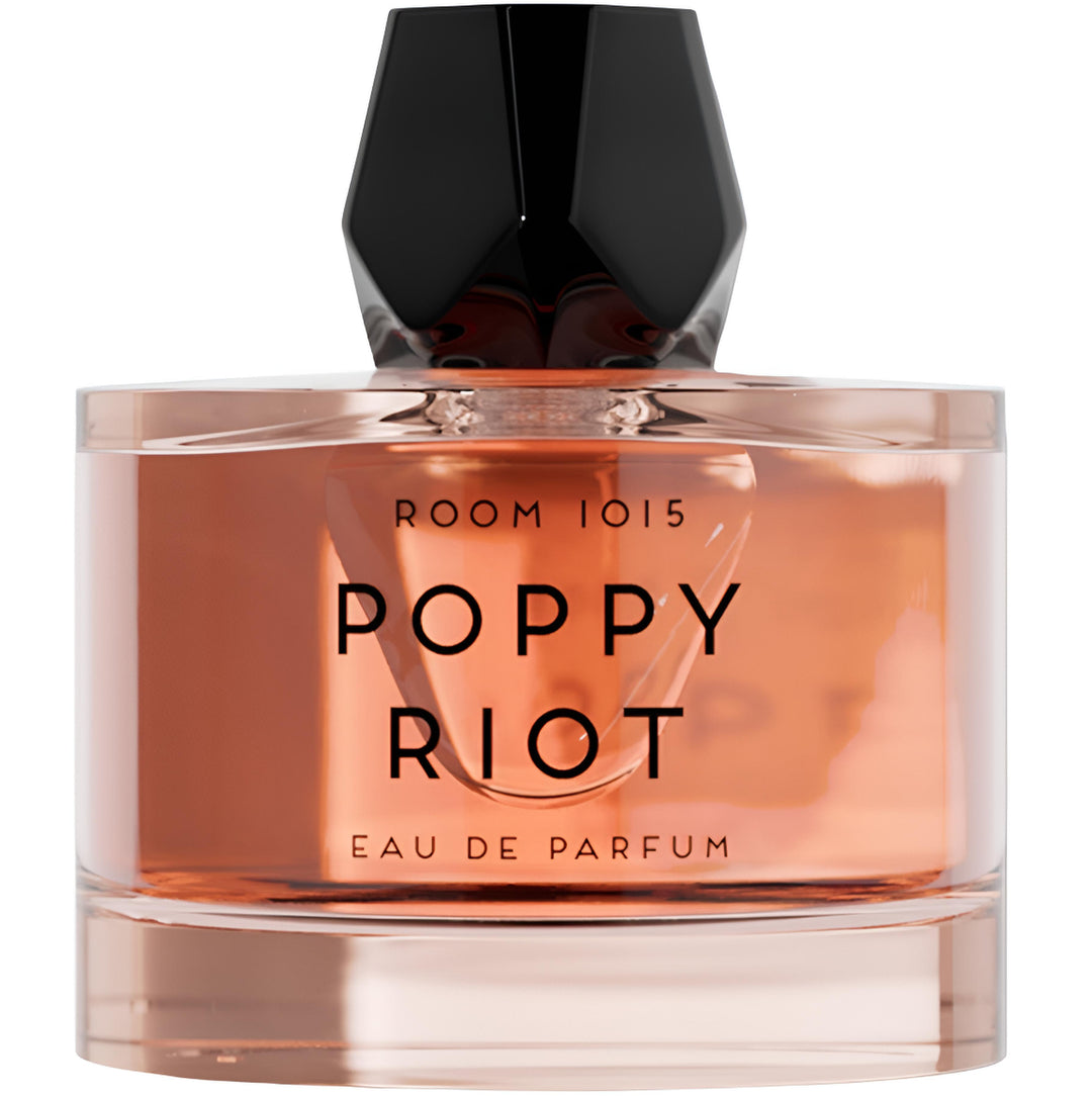 Decant de la fragancia Poppy Riot de ROOM 1015, botella moderna y colorida, con diseño vibrante y detalles elegantes.