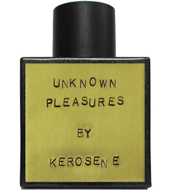 Decant de la fragancia Unknown Pleasures de Kerosene, botella elegante con diseño moderno y detalles artísticos.