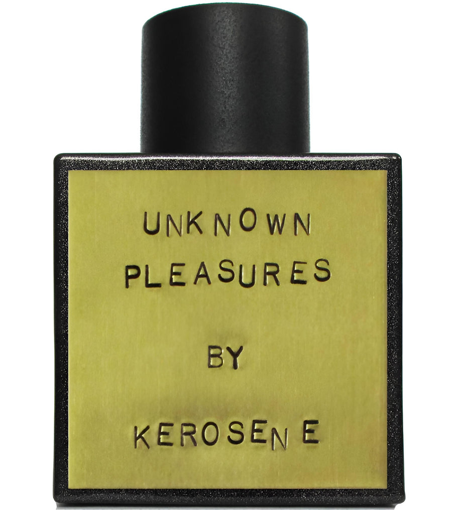 Decant de la fragancia Unknown Pleasures de Kerosene, botella elegante con diseño moderno y detalles artísticos.