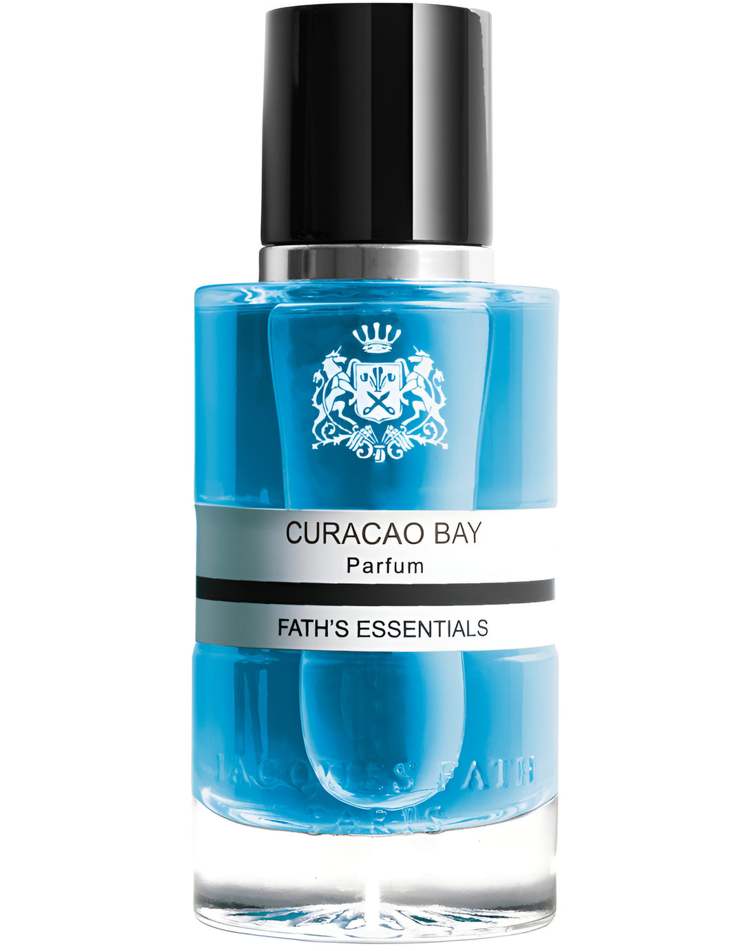 Decant de cristal CURACAO BAY de Jacques Fath Paris, con diseño elegante y forma moderna para perfumes de lujo.