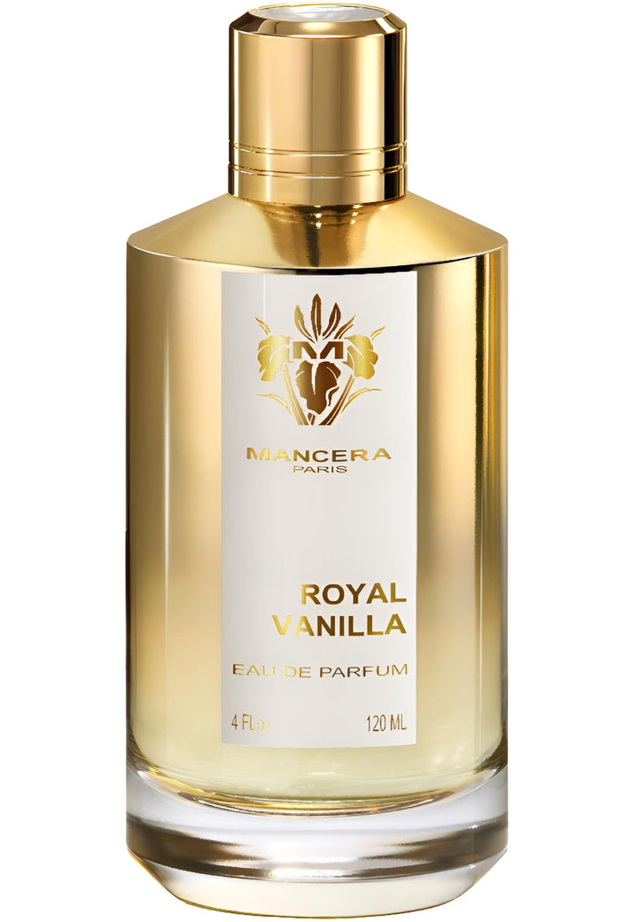 Decant de la fragancia Royal Vanilla de Mancera, botella elegante con líquido dorado y detalles en la etiqueta.