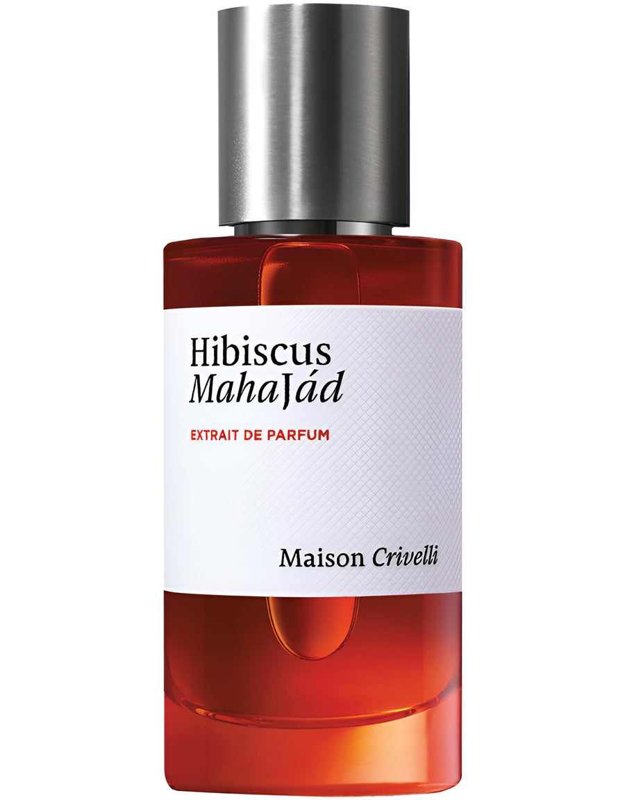Decantador de perfume Hibiscus Mahajád de Maison Crivelli, con diseño elegante y detalles en cristal.